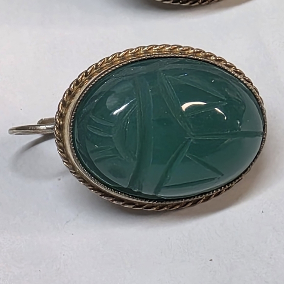 Sterling Silver Green Chalcedony Earrings | 1/20 14K Gold Fill | Carved Scarab - Picture 4 of 6